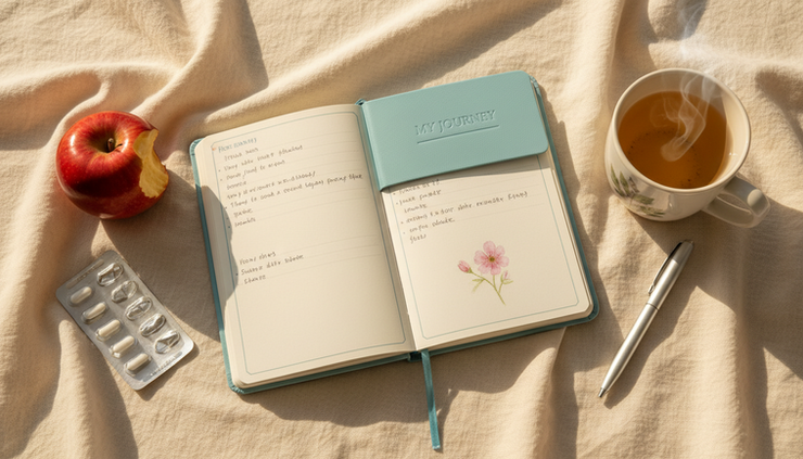 Overhead view of a pregnancy journal, prenatal vitamins, fruit, and a cup of herbal tea