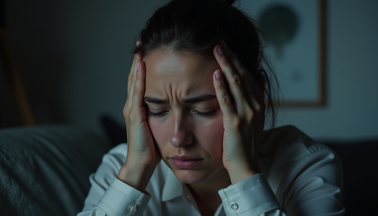 Close-up view of a person holding their head in pain, sitting in a dimly lit room