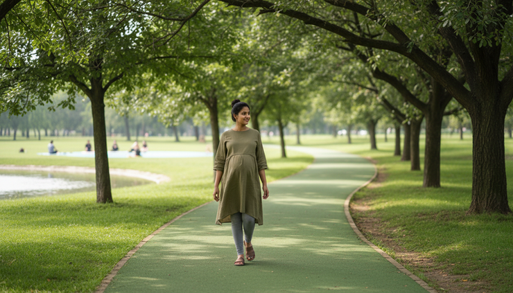 Wide-angle view of a pregnant woman walking slowly in a green park