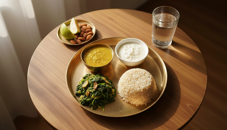 Top-down view of a balanced Indian meal for late pregnancy