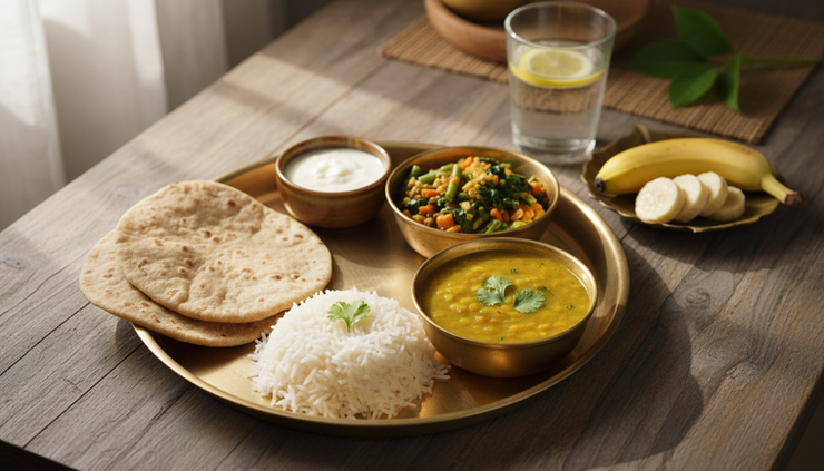 Close-up view of a balanced pregnancy meal with dal, rice, vegetables, curd, and fruit