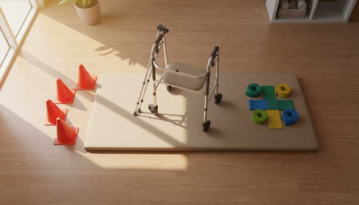 Overhead view of a physiotherapy mat used for balance training after a head injury.
