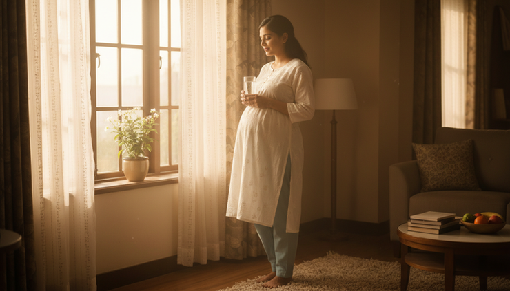 Eye-level view of a pregnant woman holding a glass of water near a sunny window
