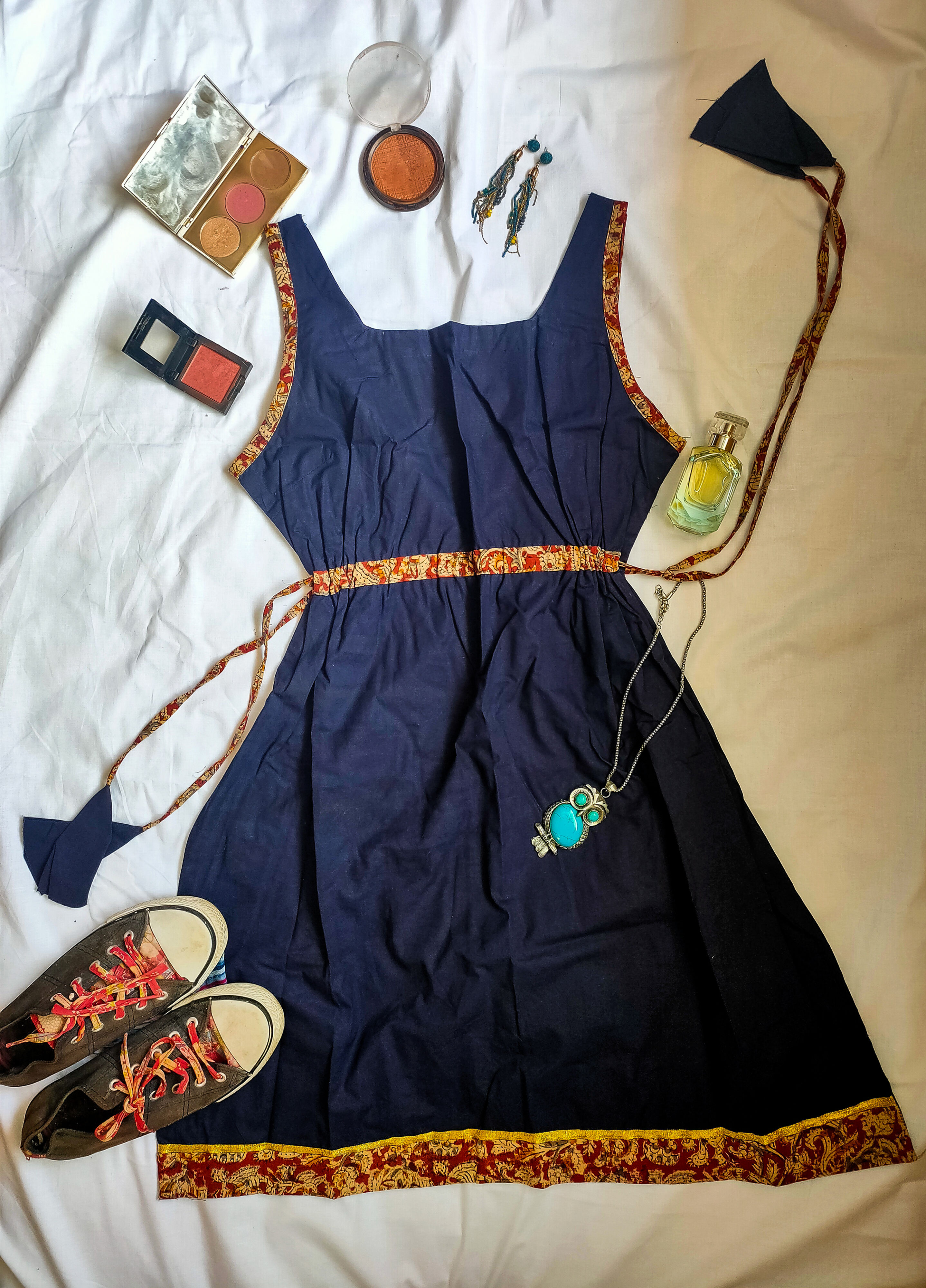 Midnight blue cotton dress with kalamkari border