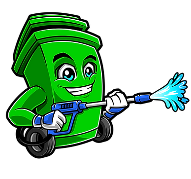 Immaculate Bins logo.
Green trash bin with eyes holding a pressure washer
