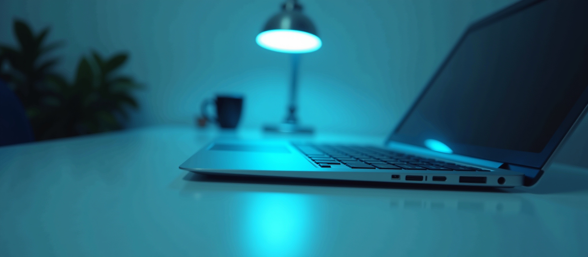 Laptop illuminated by a desk lamp on a white desk with cup.