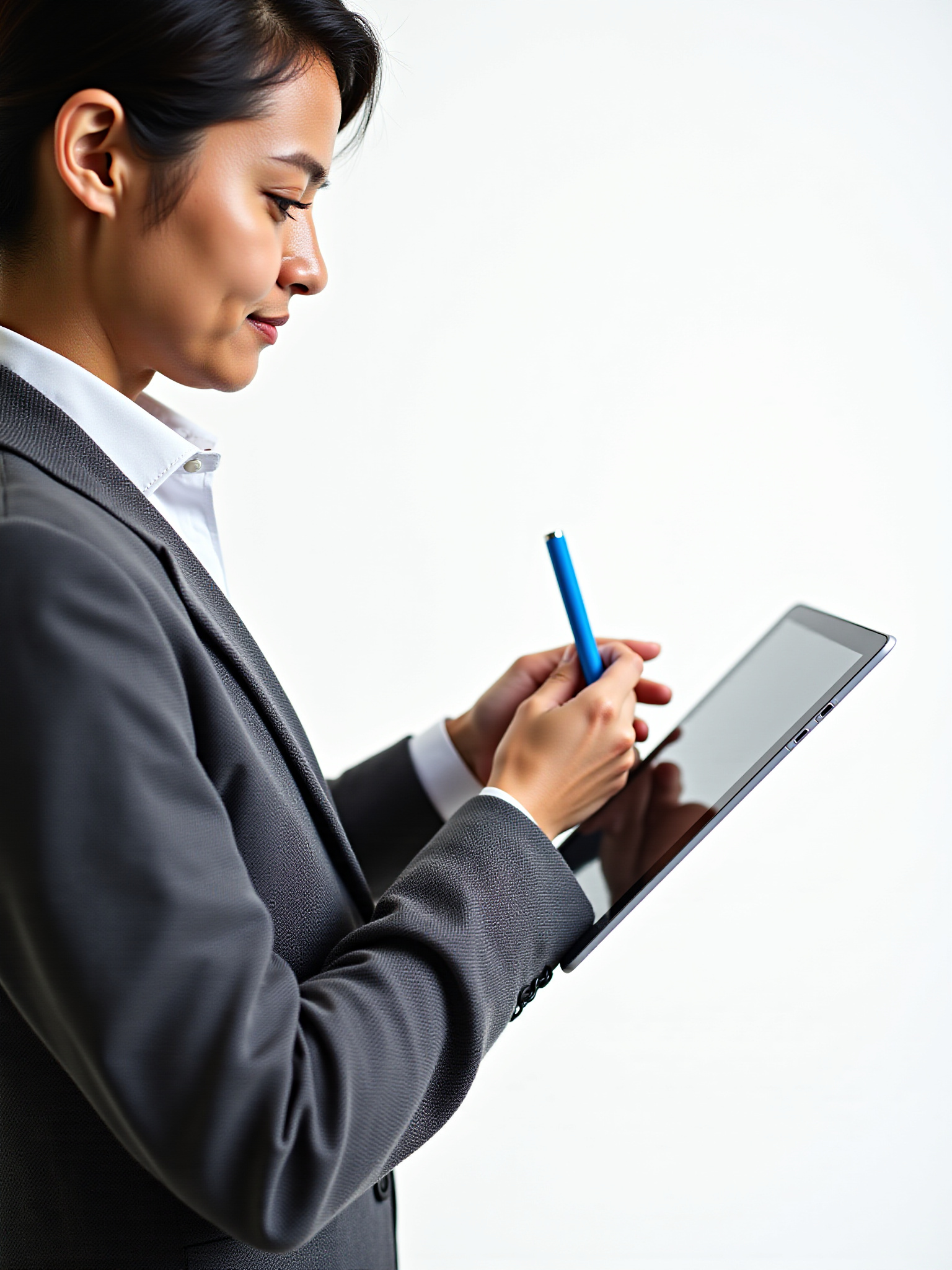 Woman in a suit using a stylus on a tablet, writing and working.