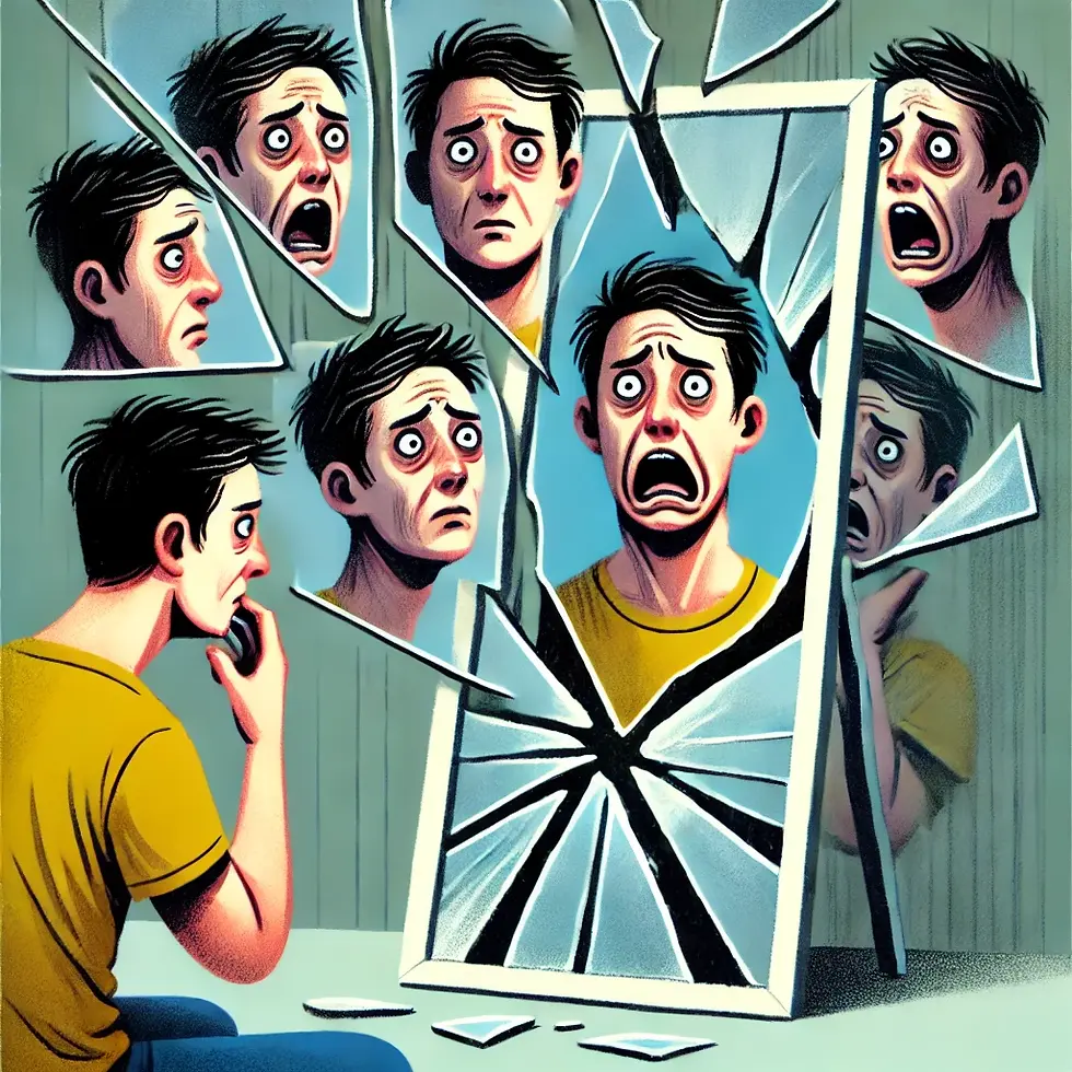 person looking into a broken mirror, seeing multiple distor