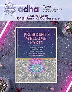 PRESIDENT'S WELCOME PARTY invitation, 2026 TDHA Annual Conference, festive party background.