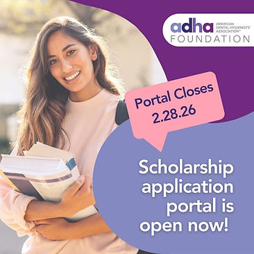 Smiling student with books. ADHA Foundation scholarship portal open, closes 2.28.26.