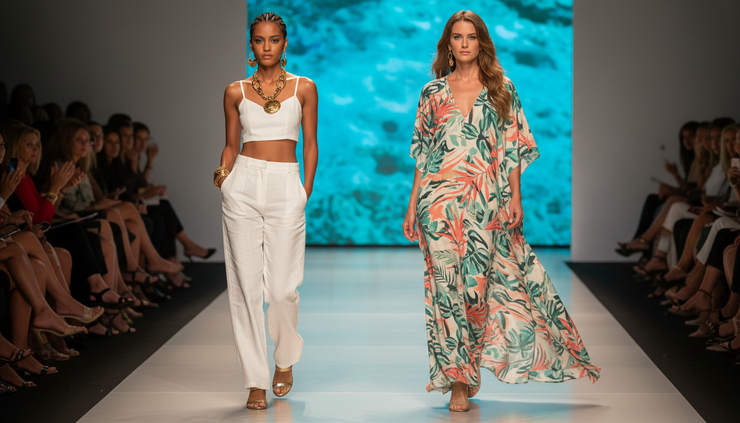 Eye-level view of two runway models in coordinated St. Croix resortwear.