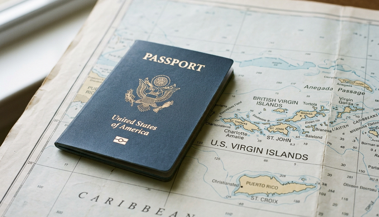 Close-up view of a U.S. passport resting on a paper map of the Caribbean.