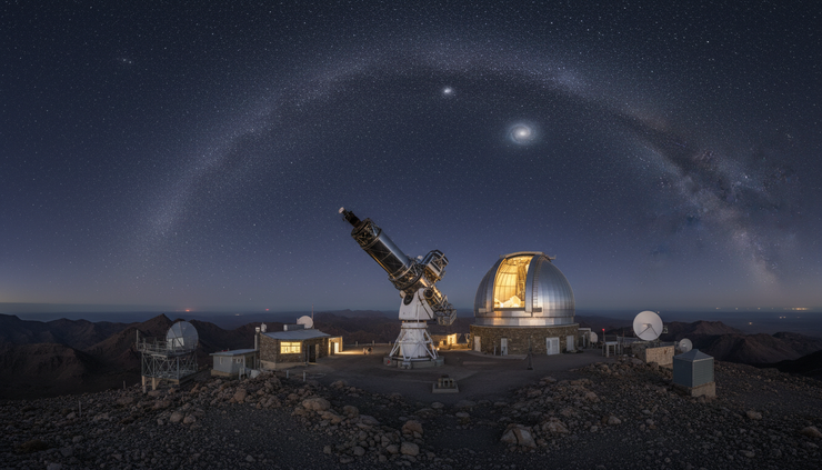Wide-angle view of a telescope under a star-filled sky observing distant galaxies.