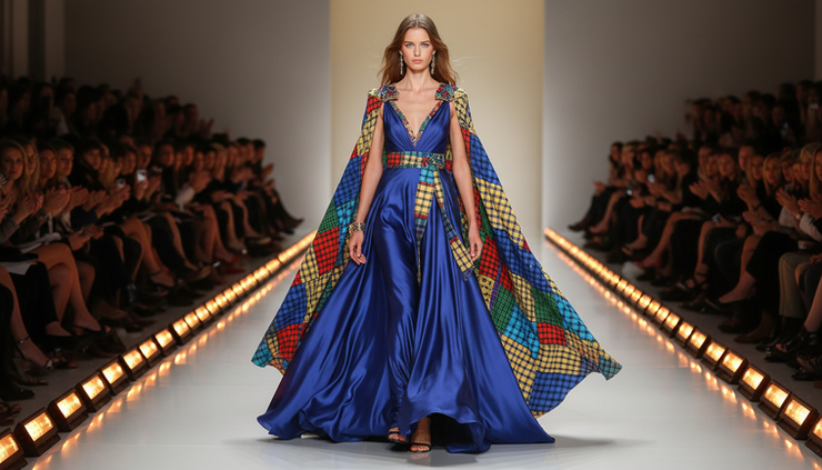 Wide-angle view of a runway model wearing an island-inspired St. Croix gown.