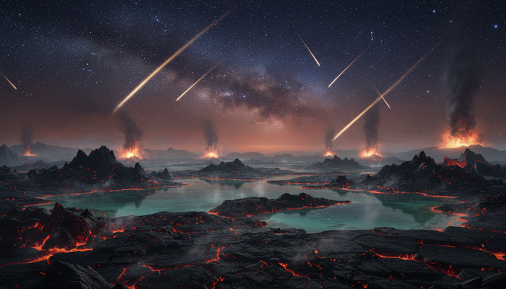 Wide-angle view of a young rocky Earth under a star-filled sky.