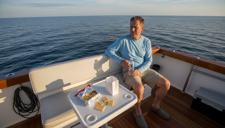 Overhead view of a guest resting near the stern of a fishing charter boat with water and crackers nearby.