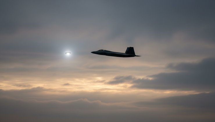 Low-angle view of a military jet silhouette crossing a cloudy sky where a small bright object appears nearby