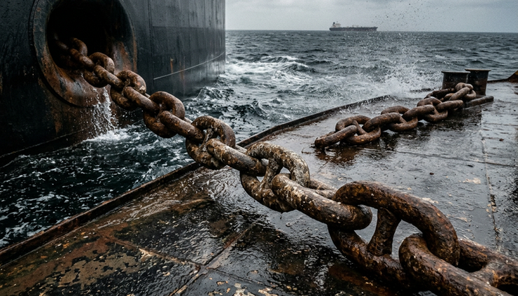Close-up view of a ship anchor chain beside dark seawater