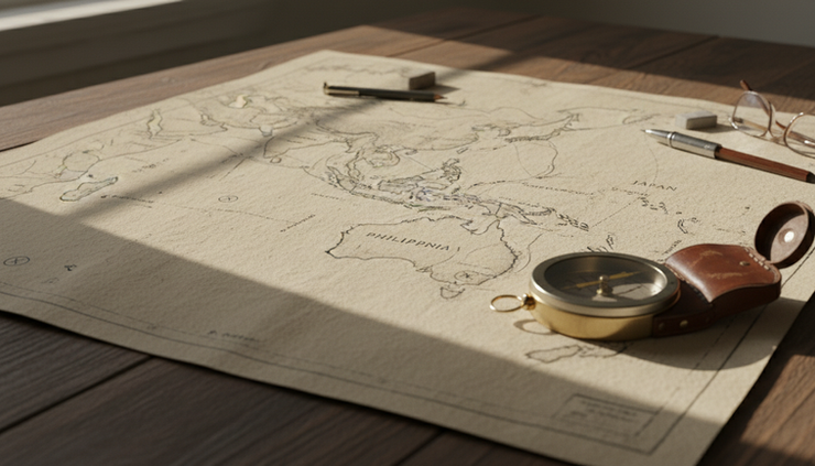Close-up view of a paper map of the western Pacific with sea lanes marked in pencil.