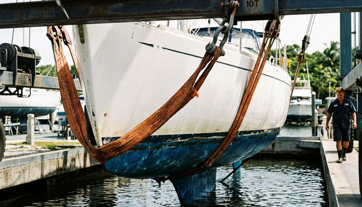 Close-up view of heavy lifting slings positioned under the hull of a vessel