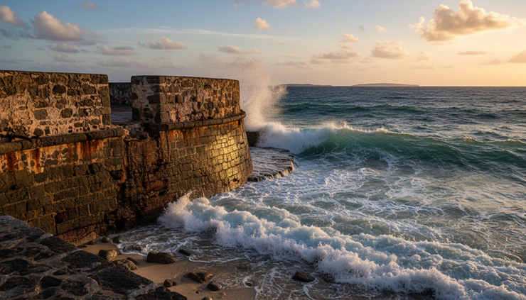 Wide-angle view of Caribbean Sea waves near a historic stone harbor wall.