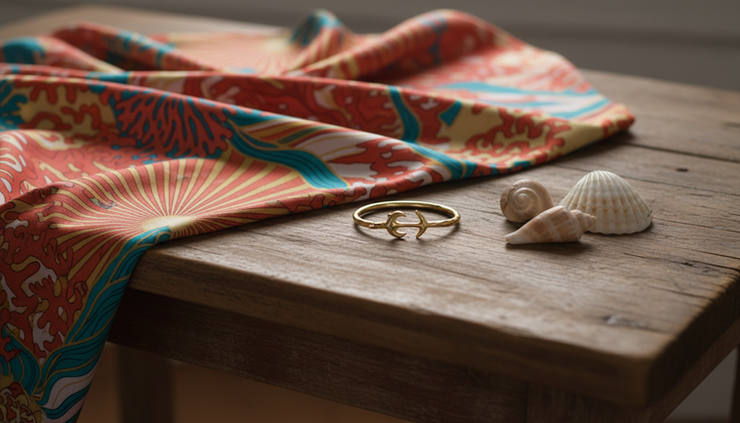Close-up view of a printed St. Croix textile beside gold island jewelry.