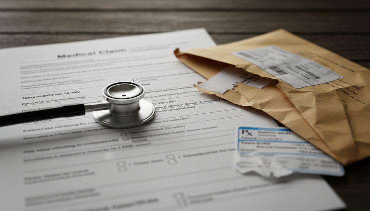 Close-up view of a medical claim form beside a stethoscope and a torn envelope.