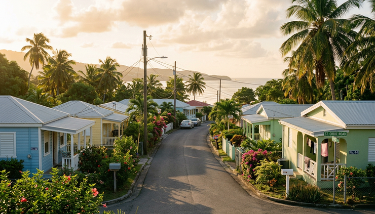 Wide-angle view of a quiet St. Croix neighborhood near the coast at sunrise.