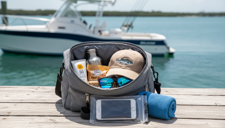 Close-up view of a soft fishing bag packed with sunscreen, sunglasses, snacks, and a water bottle.
