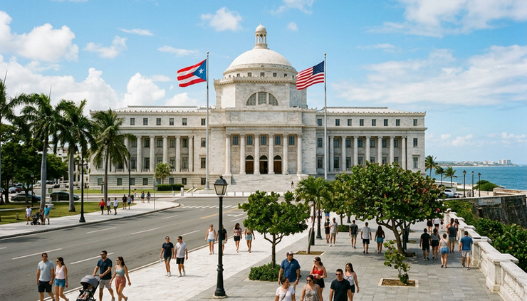 Wide-angle view of the Puerto Rico Capitol under a bright Caribbean sky