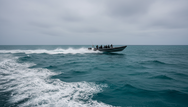 Eye-level view of a go-fast boat cutting across choppy tropical water.