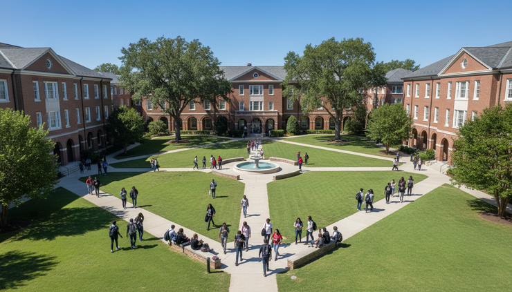 Aerial view of an HBCU campus courtyard surrounded by red-brick academic buildings.