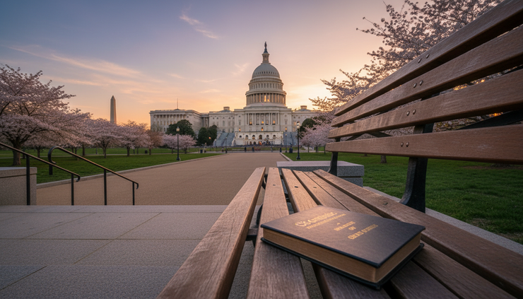 Wide-angle view of the U.S. Capitol at sunset behind a quiet public walkway