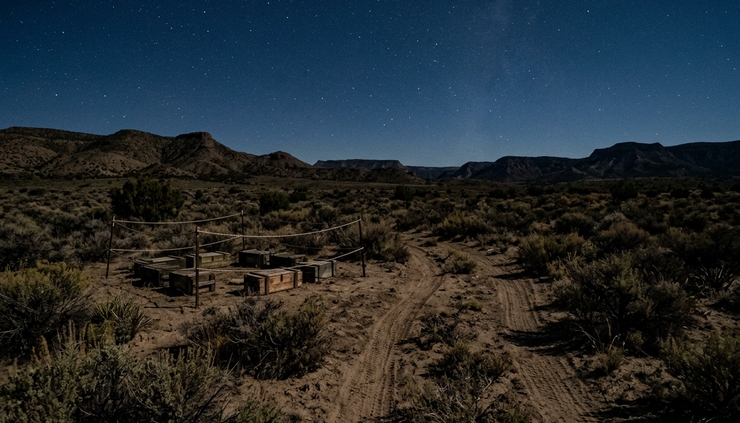 Wide-angle view of a remote desert crash site under a dark blue night sky.