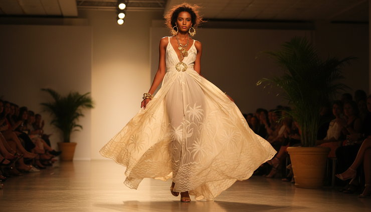 Low-angle view of a runway model wearing gold jewelry with a flowing cream dress.