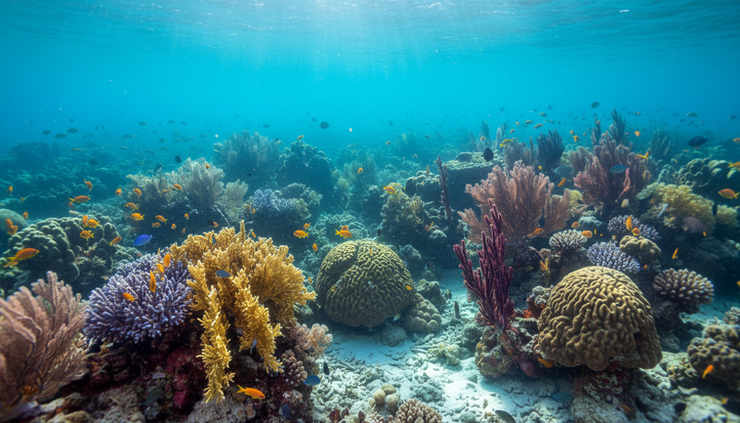 Wide-angle view of a healthy coral reef with clear water, reef fish, and sunlight crossing the seafloor.