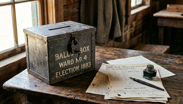 Eye-level view of an old ballot box and handwritten legal papers on a wooden table