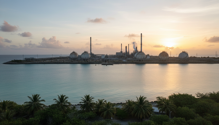 Wide-angle view of the St. Croix Refinery from across the water.