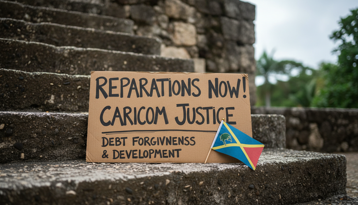 Eye-level view of a handwritten reparations placard placed beside a small Caribbean flag on stone steps.
