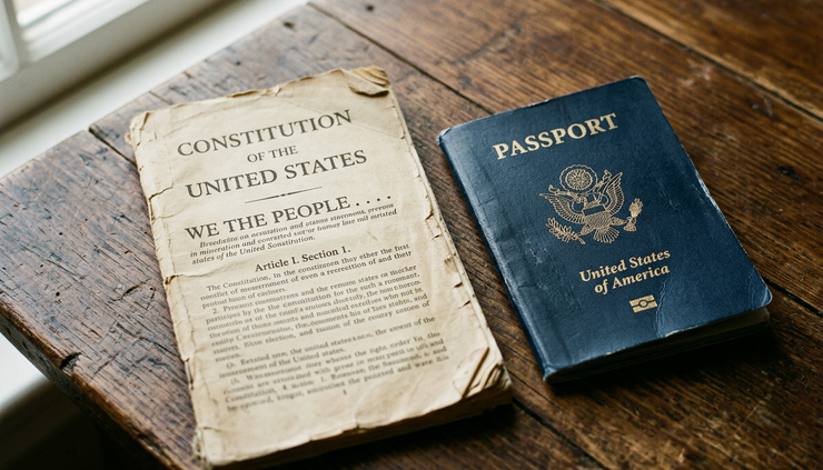 Close-up view of a worn copy of the Constitution beside a U.S. passport.