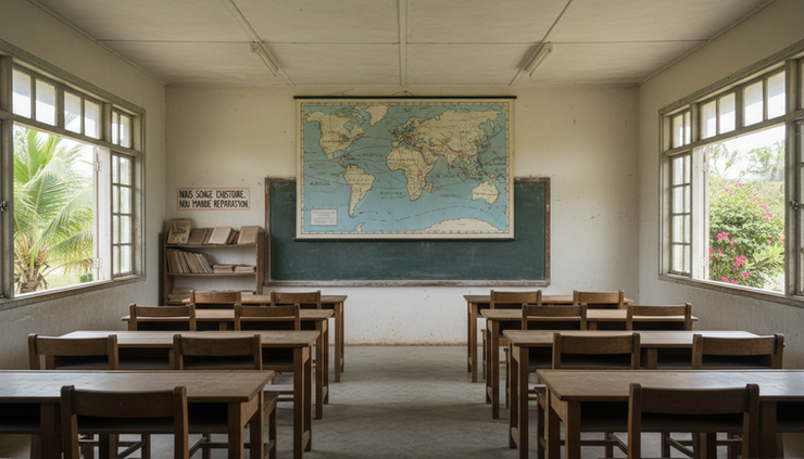 Wide-angle view of a quiet Caribbean classroom with maps of the Atlantic on the wall.