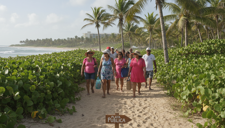 Eye-level view of residents walking along a sandy public beach path in Puerto Rico.