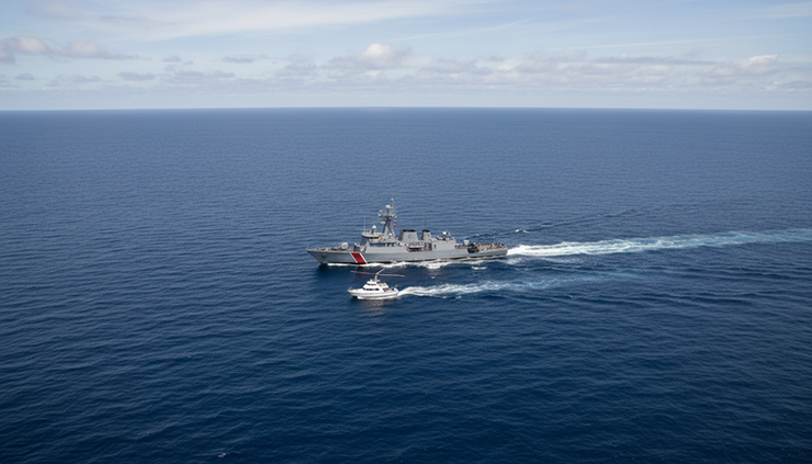 High-angle view of a naval patrol ship moving through open Pacific water near a small vessel.