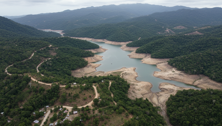 Aerial view of a mountain watershed in Puerto Rico with a reservoir, forested slopes, and dry patches near the shoreline