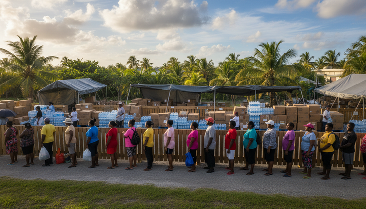 High-angle view of residents lining up calmly outside a hurricane relief distribution site