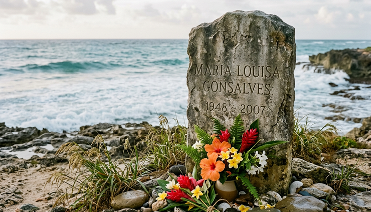 Close-up view of a memorial stone near a Caribbean shoreline