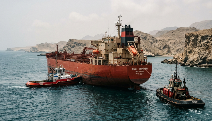 Eye-level view of tugboats guiding a tanker near a rocky coastline