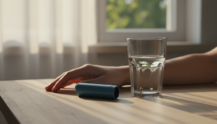 Close-up view of a hand holding an inhaler beside a glass of water on a kitchen table.