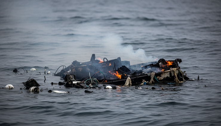 Close-up view of a burning speedboat fragment floating on dark ocean water.