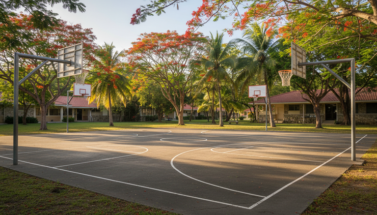 Wide-angle view of a school basketball court on St. Croix